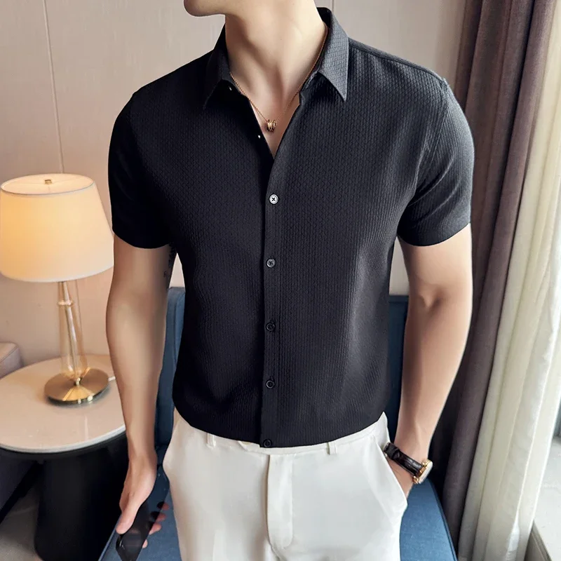 Men Waffle Shirt Short Sleeved 2024 Summer New British Style Business Non Ironing Solid Color Casual Slim Fit Shirt Men Clothing