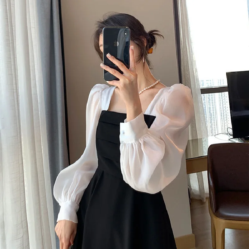 Casual Long-Sleeved Black Chiffon Skirt Temperament Dress Spring Autumn Patchwork Square Collar French Skirt Vintage Gauze Skirt