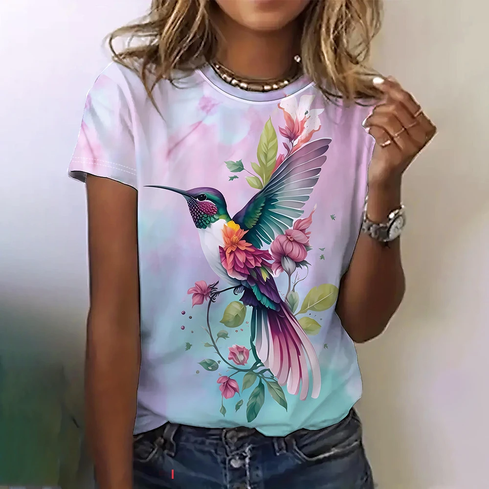 Summer Women's T Shirt bird Print Casual Short Sleeve 3d T-Shirt Fashion Streetwear Crew Neck Pullover Female Oversized Clothing