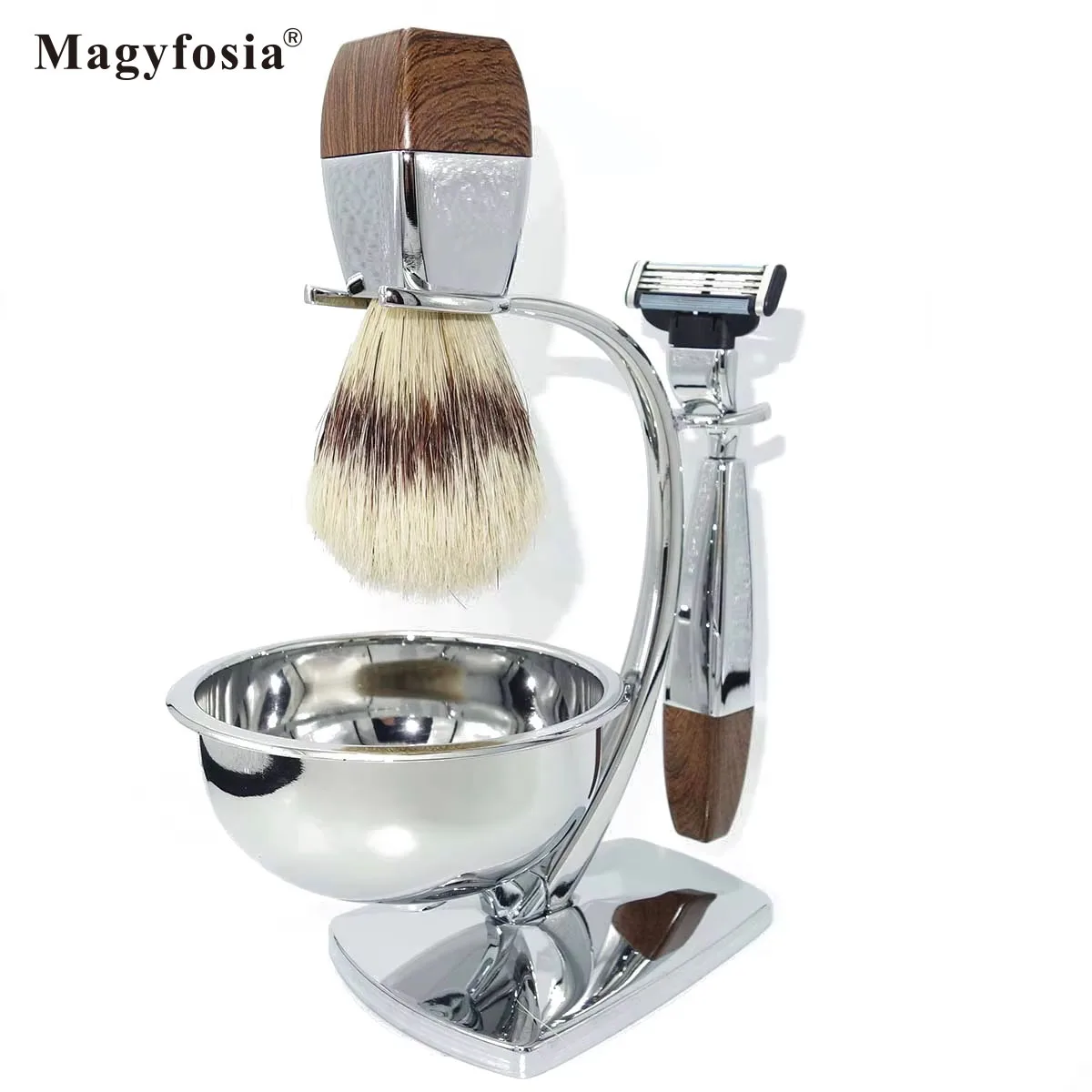 Magyfosia-Kit de afeitadora y depilación clásica para hombre, maquinilla de afeitar de seguridad con mango de grano de madera, Compatible con recargas de cuchillas Mach 3