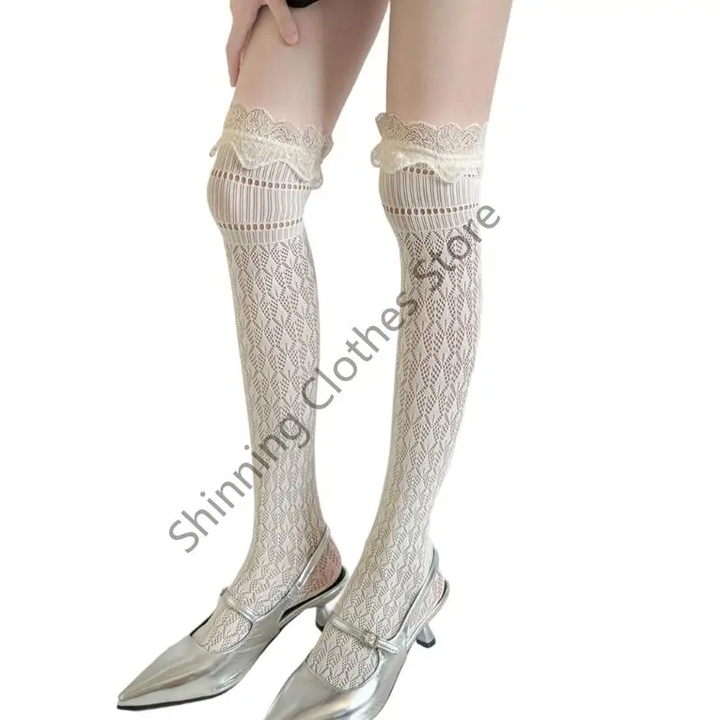 

M68A Geometric Pattern Thigh High Stockings With Lace Trimmed Hollowout Weave Over the Knee Long Socks for Women Hosiery