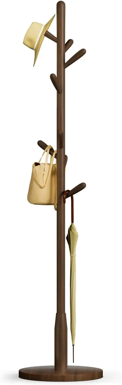 

Solid Wood Round Base Coat Rack, Free Standing Hall Coat Tree with 8 Hooks（+2 spare) for Coats, Hats, Bags, Purses, for Entryway