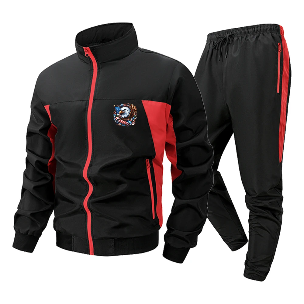

Vintage Men's Tracksuit Set Eagle Flag Print Patchwork Zipper Jacket and Pants 2 Piece Set Streetwear Casual Jogging Sweat Suit