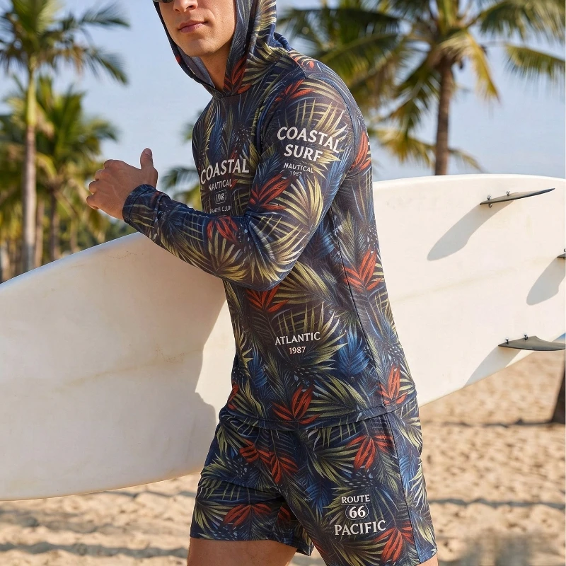 Men 2 Pcs Rash Guard Set Hooded Long Sleeve Top+Shorts Tropical Palm Print UPF50+ Quick Dry Surfing Bathing Suit Beach Swimsuit
