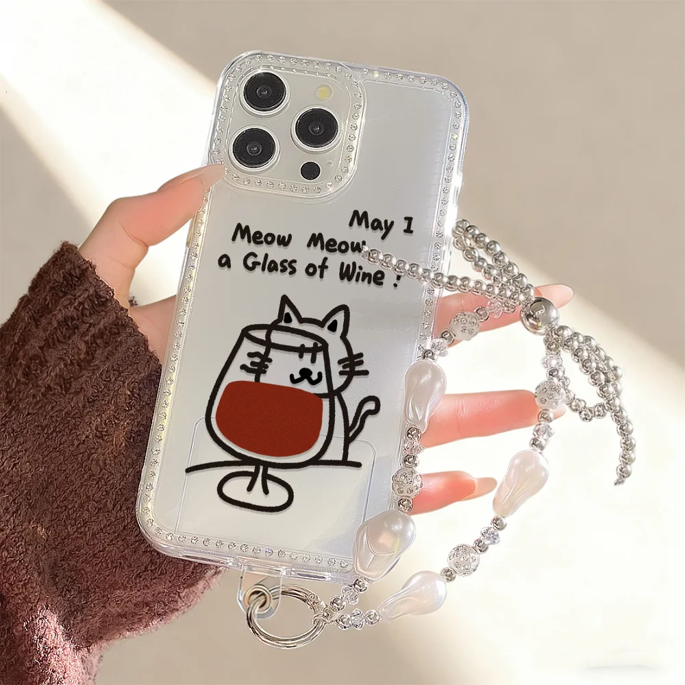Süße Katze Diamant Handyhülle für iPhone 17 Pro Max 11 13 16 15 14 12 Air 17promax Transparente stoßfeste Abdeckung Funda mit Lanyard