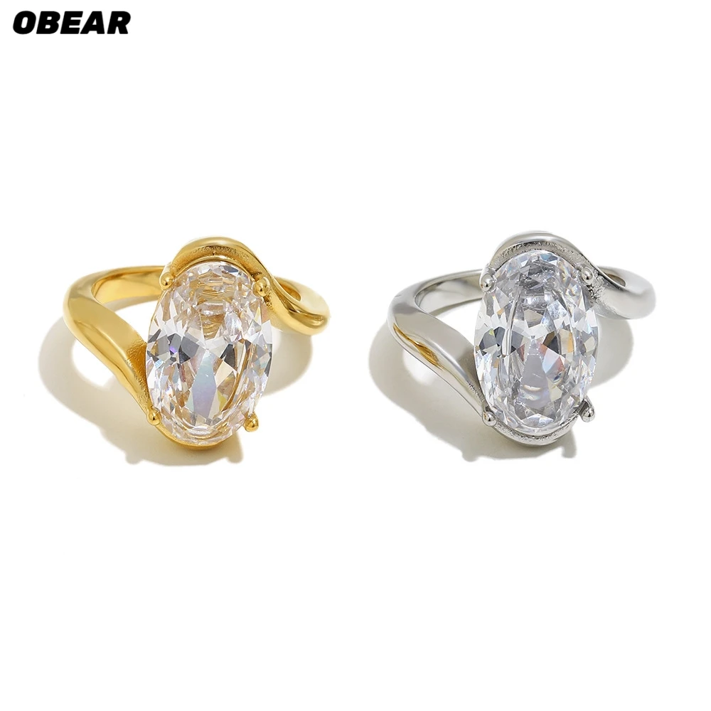 Edelstahl Vergoldeter Ovaler Kristallring Großer Statement-Solitärring für Damen Modeschmuck