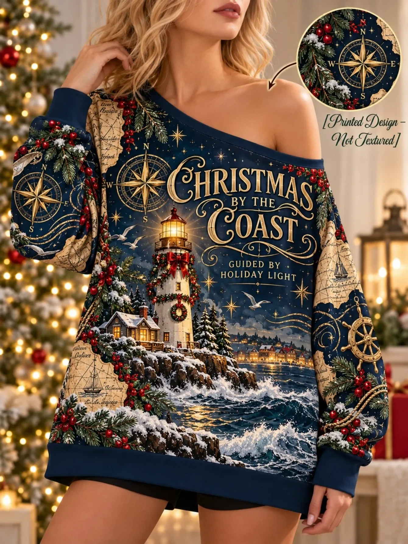 Witchy Christmas Off Shoulder Sweatshirt, Holiday Alchemy Magic Potion Moon Crystal Holly Berry Retro Print Women Casual Top