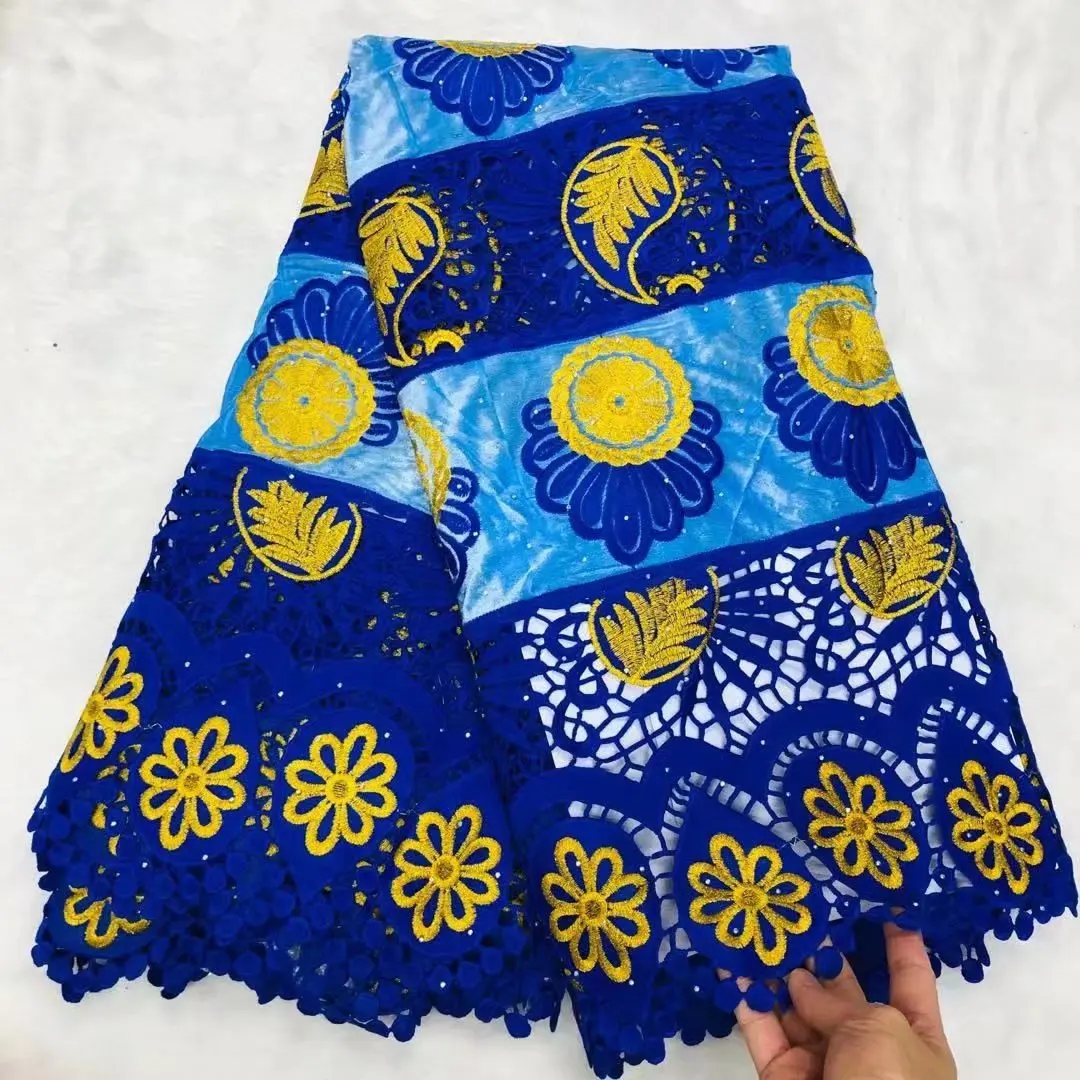 

5Yards/Lot Elegant Blue Velveteen Fabric African Soft Velvet Material And Guipure Lace Flower Embroidery For Dressing LS26