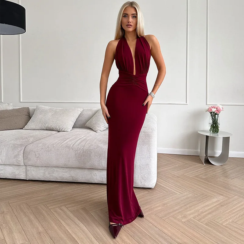 

2026 Women's Clothing New Temperament Sexy V-neck Neck Halter Pleated High Waist Solid Color Dress