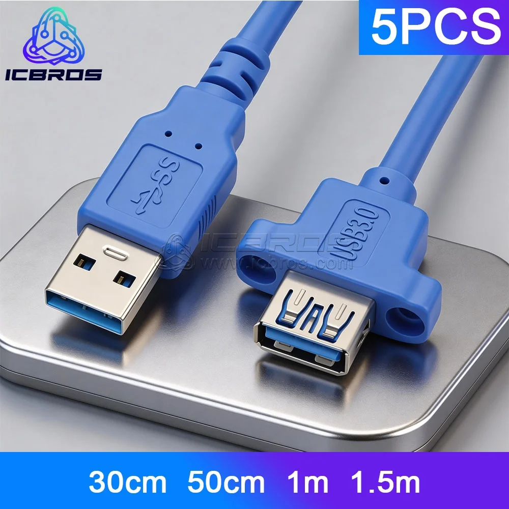 5pcs Convex Head High Speed USB 3.0 Cable 3.0 Extension Male To Female Extender Cable Cord With Dual Shielded Screw Panel Mount