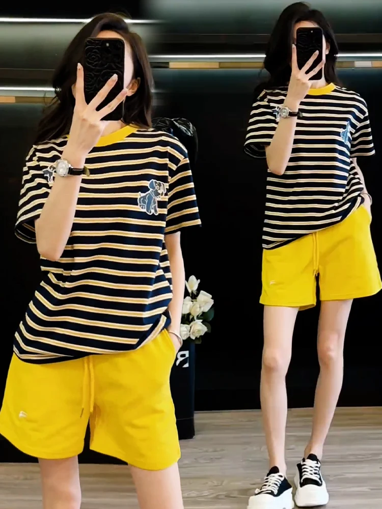 

Pure Cotton Sportswear Set Women's Summer 2025 New Small Striped ort Sve Wide Leg orts Two Piece Set Casual Sportswear