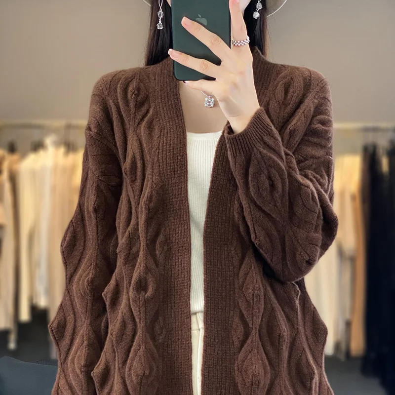 

Basic 100% Merino Wool Lazy Style Solid Color Cardigan Coat Soft Cashmere Basic Slimming Fashionable Temperament Clothing Top