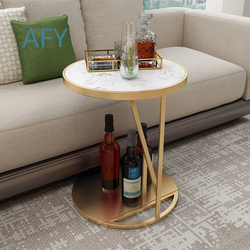 Double-layer Round Coffee Table for Balcony Bedroom Living Room Italian Style Storage Table for Small Apartment C-shaped Side