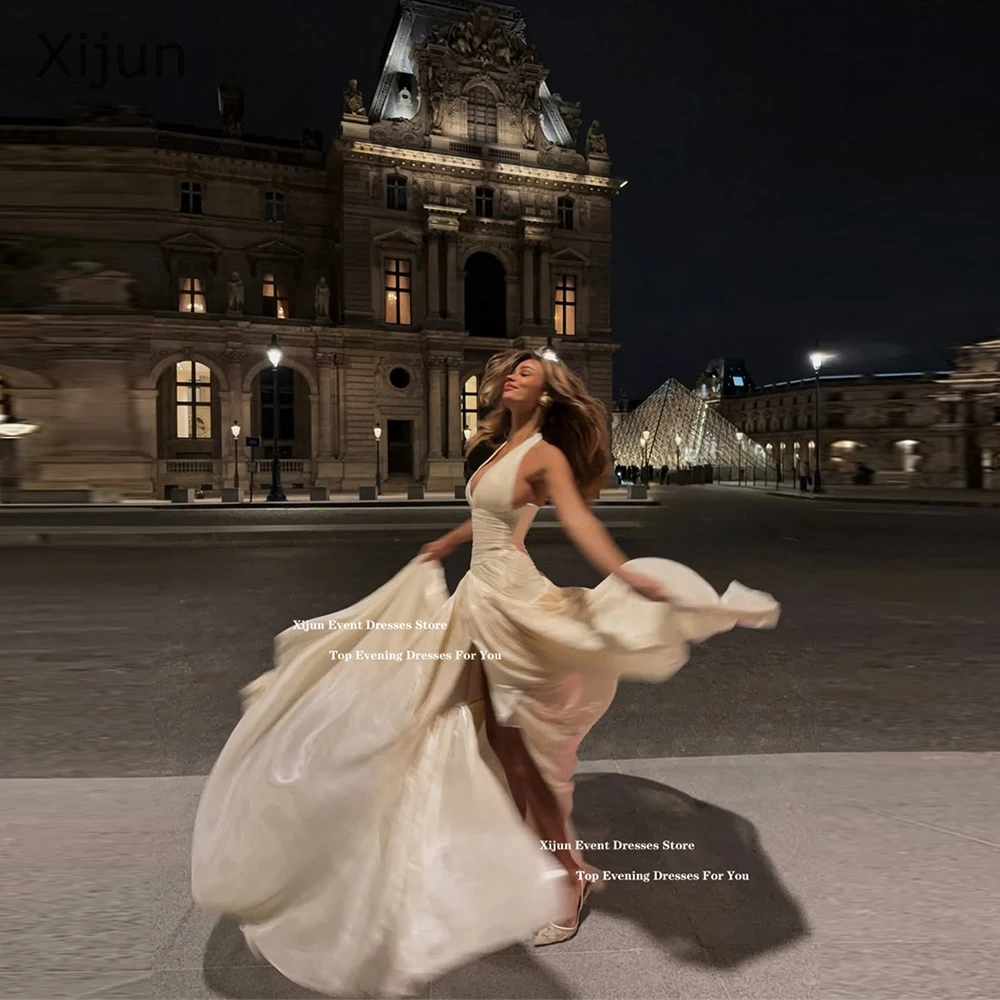

Xijun Luxury Beige Long Evening Dresses Halter V-Neck Sleeveless Formal Prom Dresses Split Saudi Arabia Maxi Prom Gown Customize