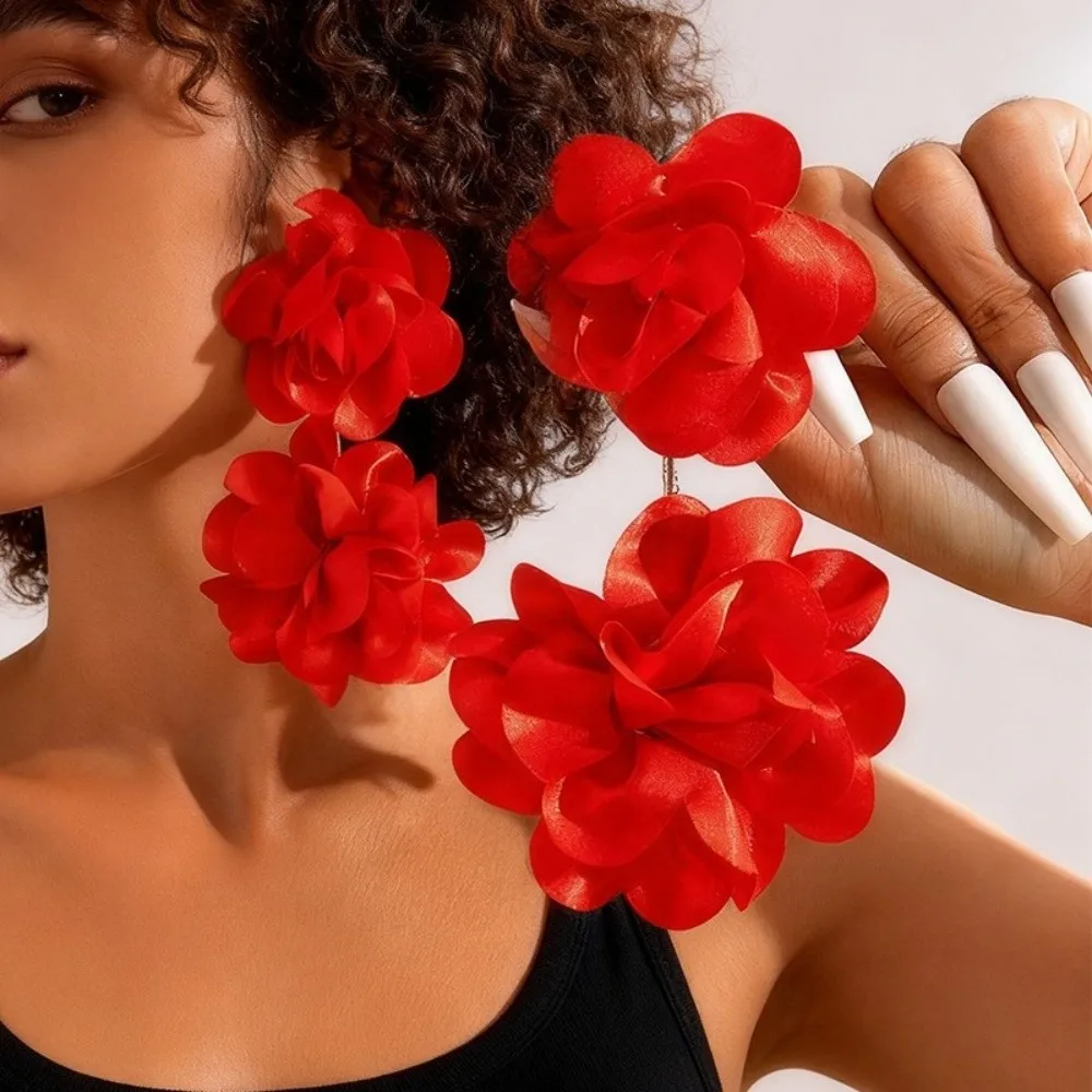 Vintage Bohemian Flower Dangle Earrings Exaggerated Occidental Style Floral Earrings Satin Earrings Casual Wear