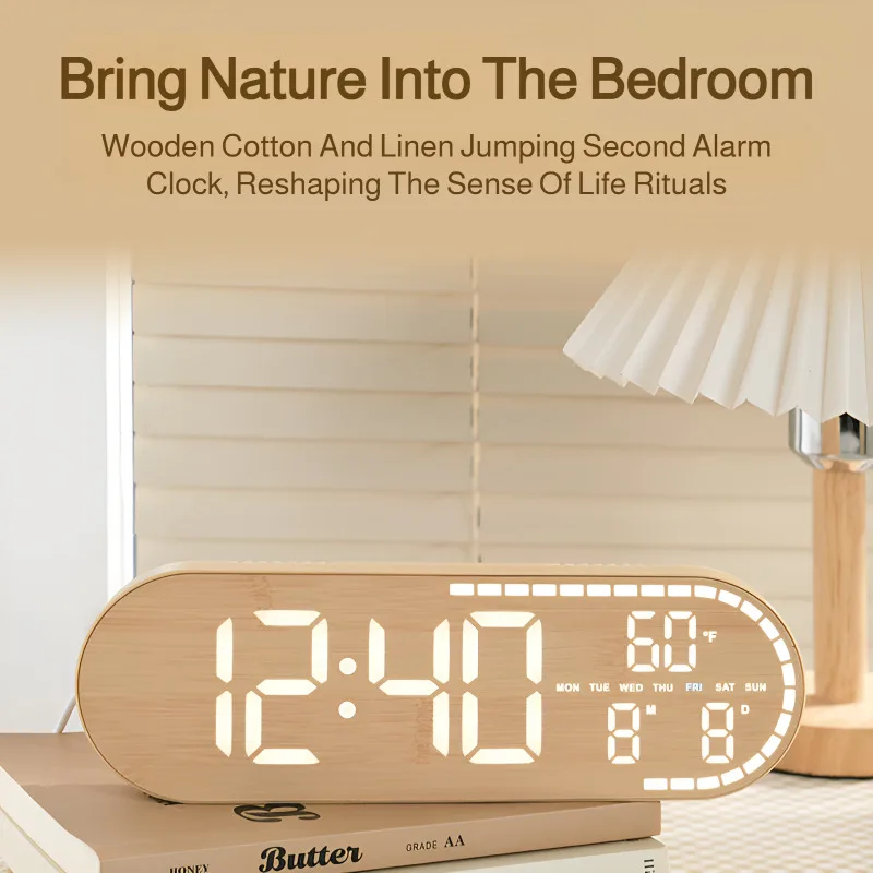 Electronic LED Digital Wall Clock Temperature Week Date Imitation Wood Style Brightness Adjustable 12/24H Table Alarm Clocks