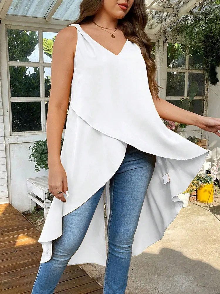 Sexy decote em v sem mangas solto sólido camiseta plus size branco tiras assimétrico bainha superior midi vestido senhoras halter sem costas colete