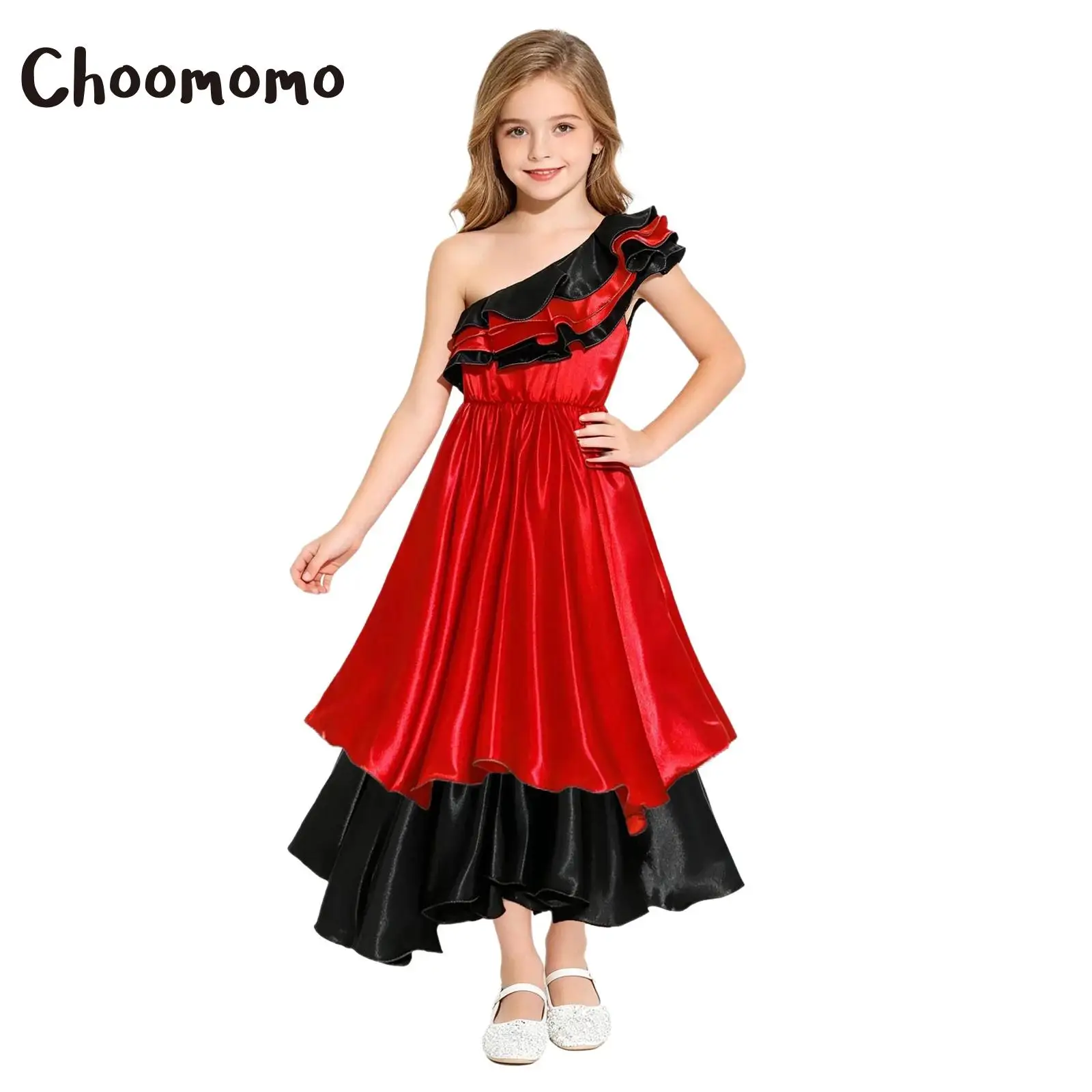 Disfraz de Flamenco Tradicional Español para Niñas Bailarinas Brasileñas, Vestido de Baile Étnico con Volantes de un Solo Hombro para Halloween