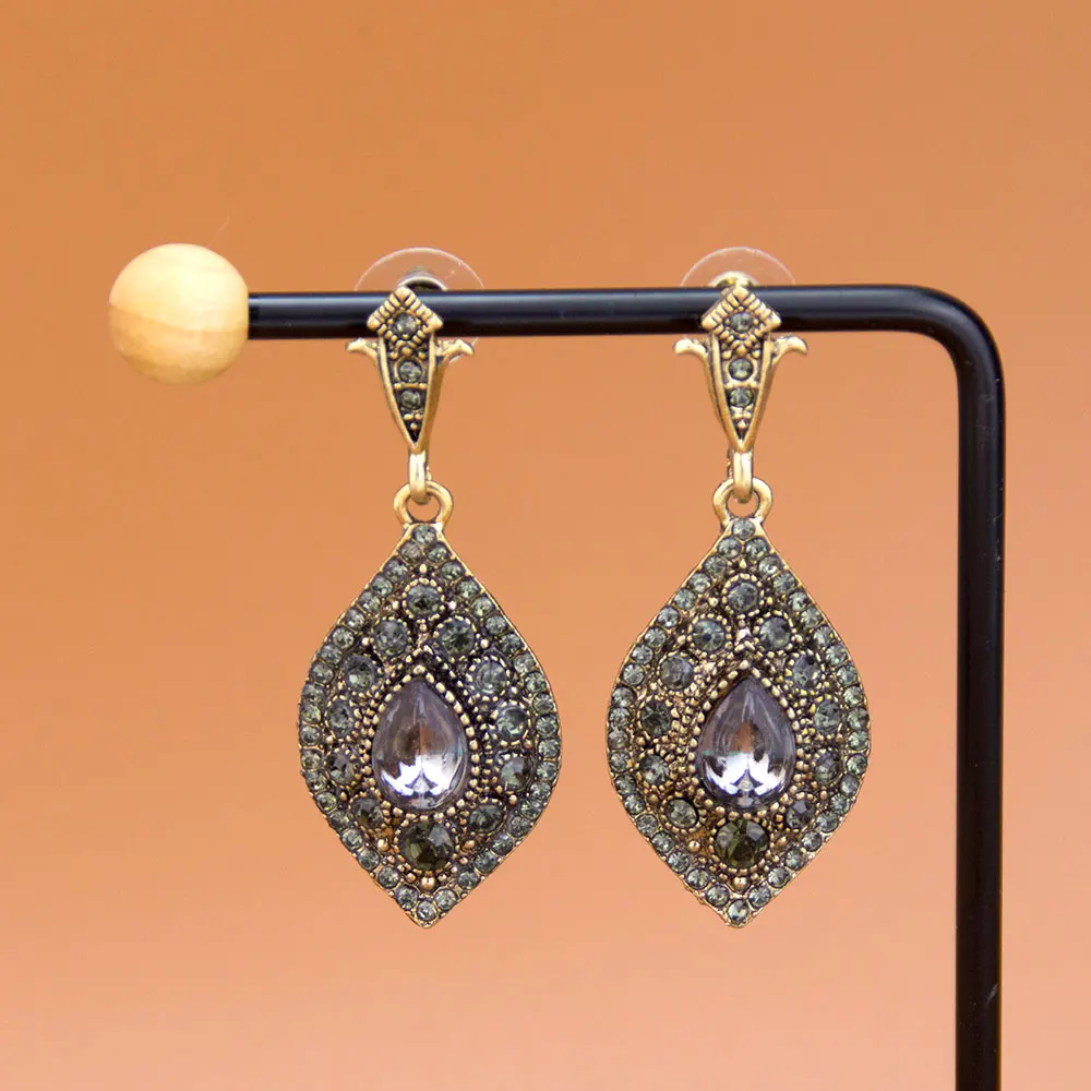 Sunspicems Vintage Turkish Bohemia Women Earring Gray Crystal Antique Gold Color Rhombus Pendant Indian Drop Earring Jewelry