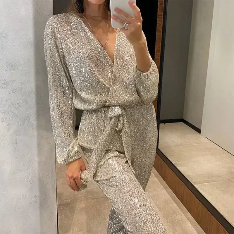 Women's Sparkly V Neck Belted Waisted Jumpsuits Sexy Long Sleeve Onesie Casual Elegant Solid Lantern Belted Sequin Jumpsuit