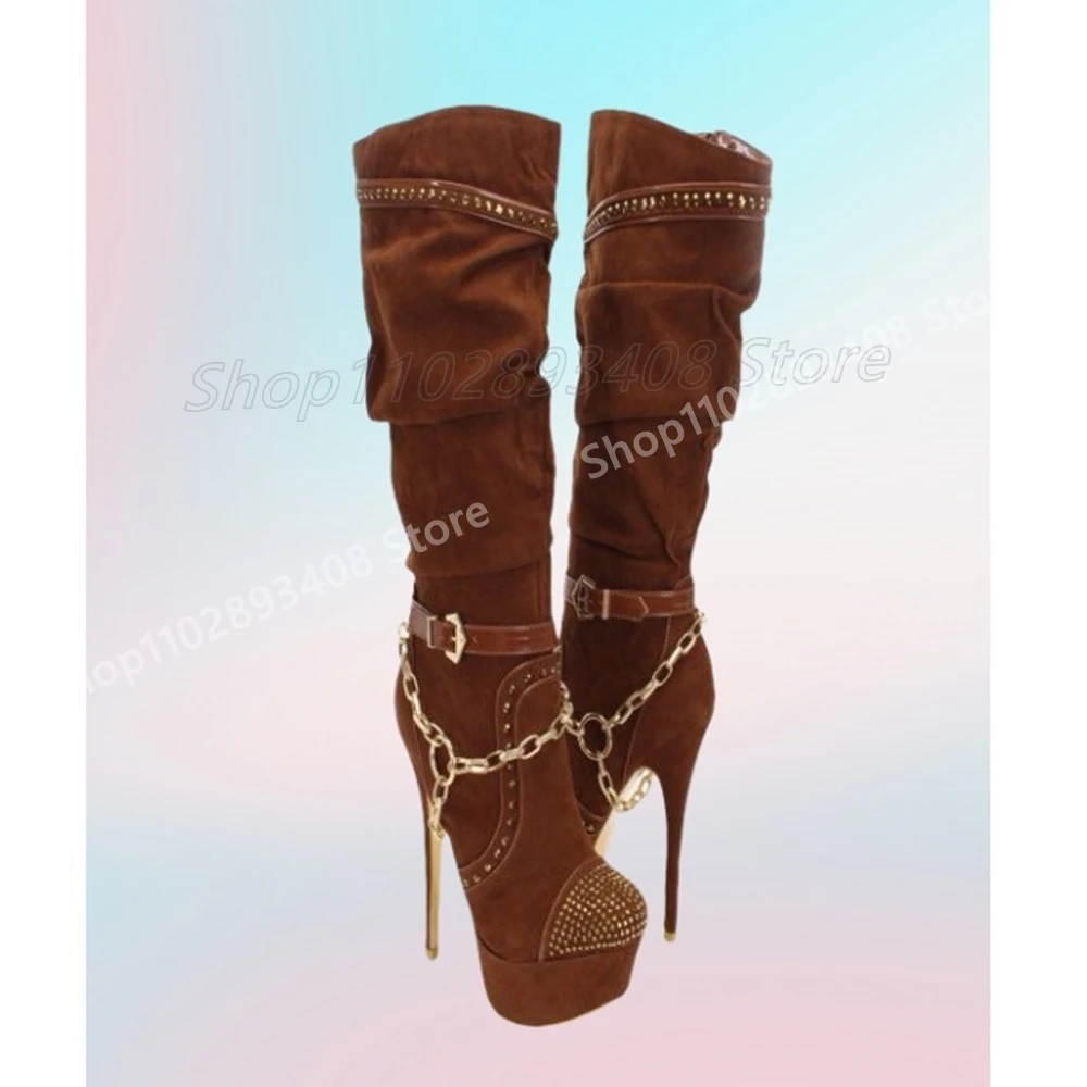 

Brown Crystals Metal Chain Decor Mid Calf Boots Platform Stiletto High Heel Sexy Women Shoes 2025 Spring Party Para Mujere