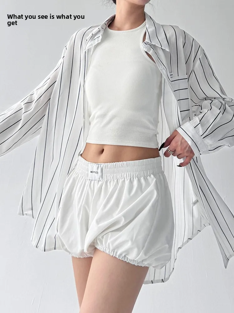 Zomer 2025, dames casual gestreepte zonbescherming irt losse lange Sve-kraag polyester katoenmix bovenkleding top