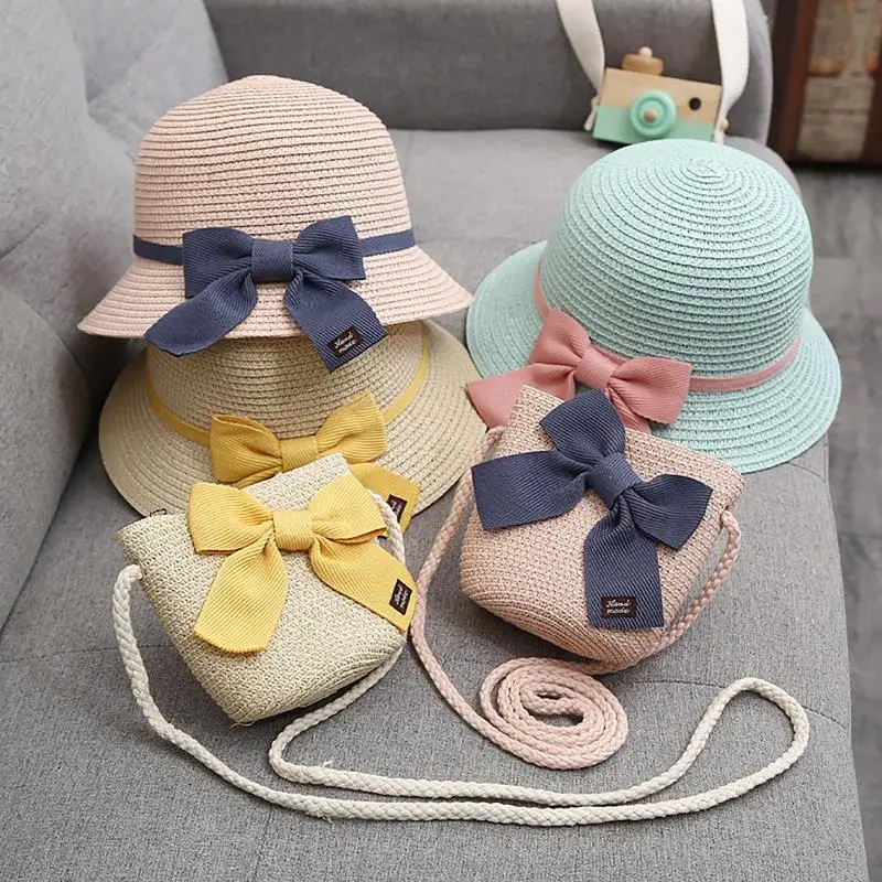 

Kids Sun Hat And Small Package With Bow Summer Girls New Straw Hat Baby Travel Sun Protection Beach Hats Sun Fisherman Hat