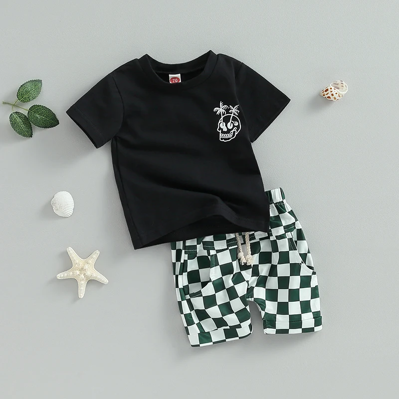 0-3Y Lioraitiin Toddler Baby Boys Clothes Set Short Sleeve Skull Print T-shirt with Plaid Shorts Summer Outfit