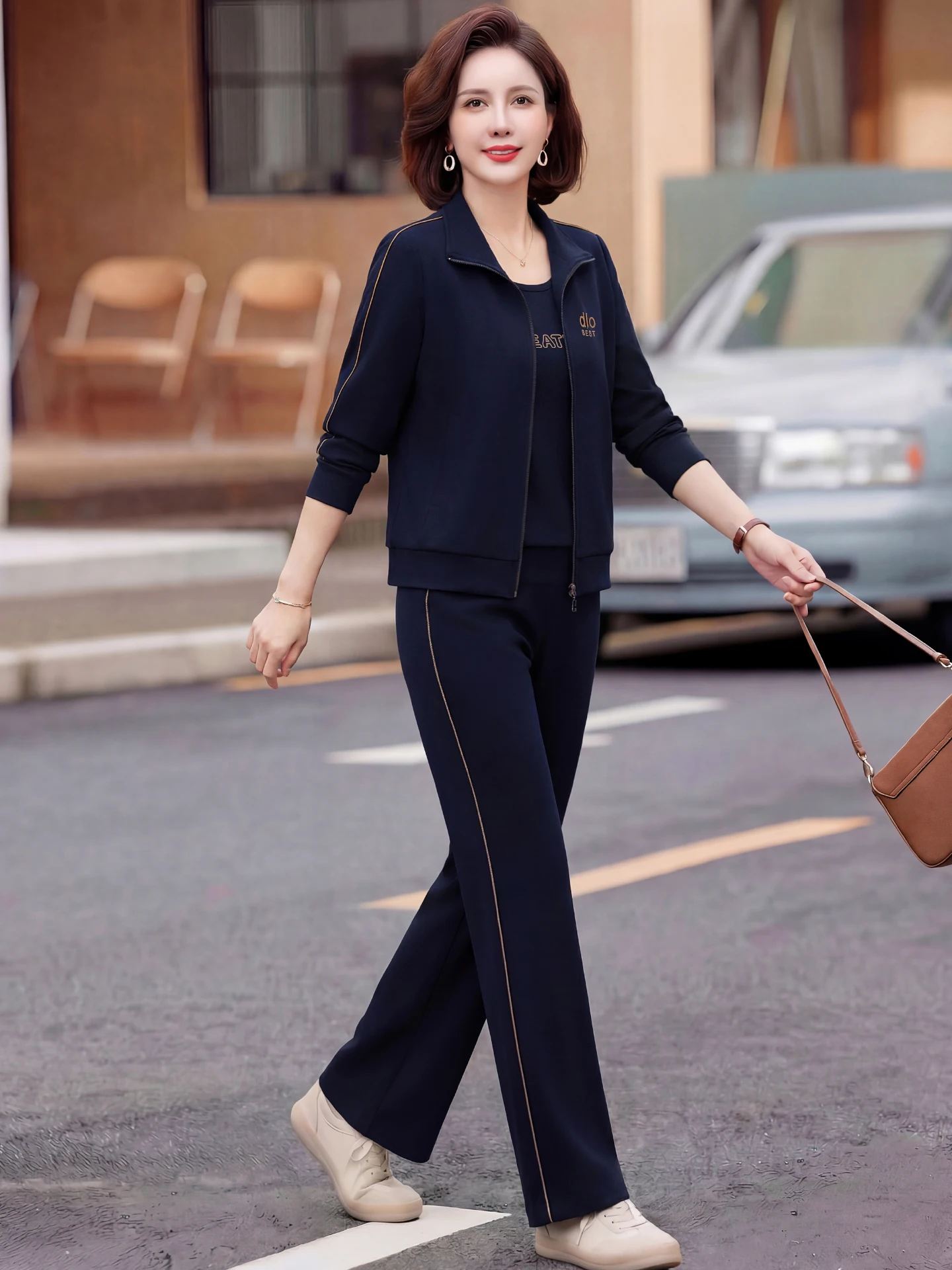 

Fitn Exercise Sportswear Set Women's Casual Spor Tee-piece Suit for Middle-aged And ly Slimming Jaet Straight L...