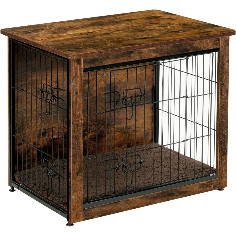 Dog Crate Furniture with Cushion, Wooden Dog Crate Table, Double-Doors Dog Furniture, Dog Kennel Indoor for Small/Medium