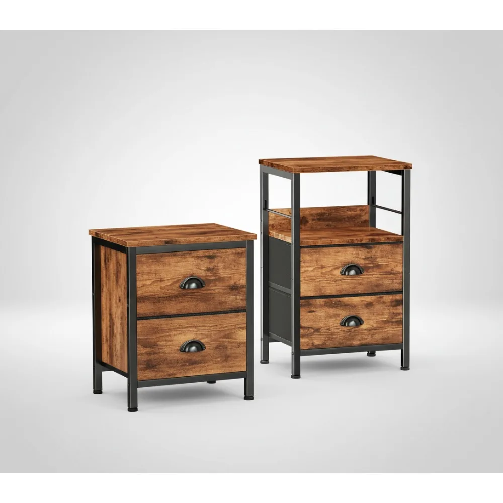

Modern Nightstand Set of 2 with Fabric Drawers & Open Shelf, Brown Wooden Top Bedside Table for Bedroom Living Room