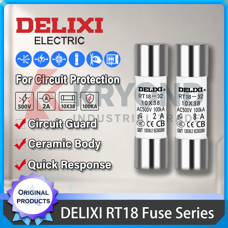 DELIXI RT18-32 RT18-63 Cylindrical Cartridge Fuse 2A-63A 500V 100kA 10x38mm 14x51mm Electrical Overload Short Circuit Protection