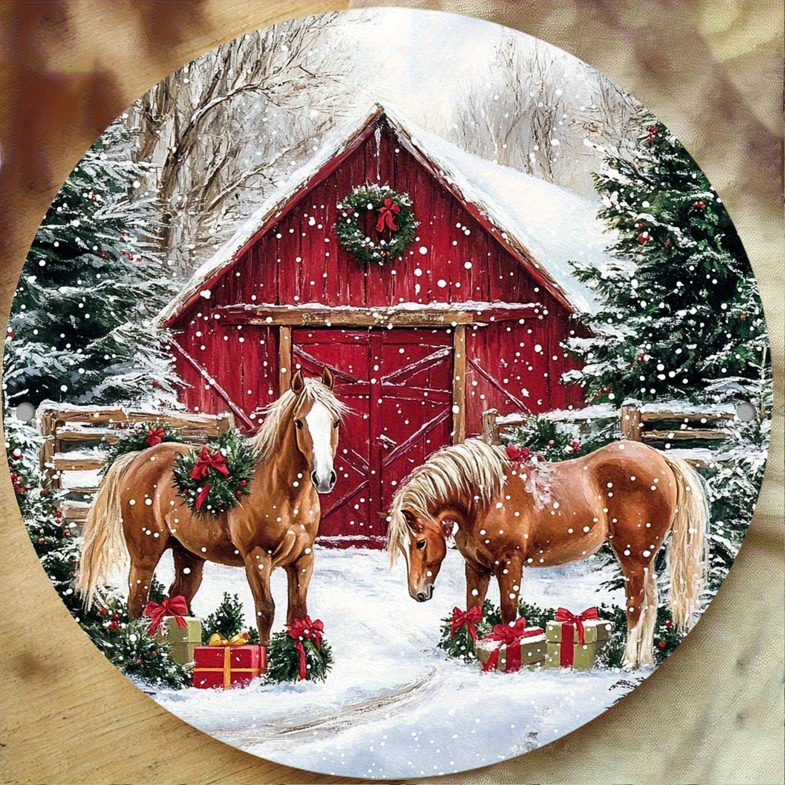 2D شقة، 2D Flat2D FlatRetro مزدوجة الحصان الحظيرة المشهد جدار الفن جولة الألومنيوم احباط نحت المعادن، عالية الوضوح مقاوم للماء الغبار