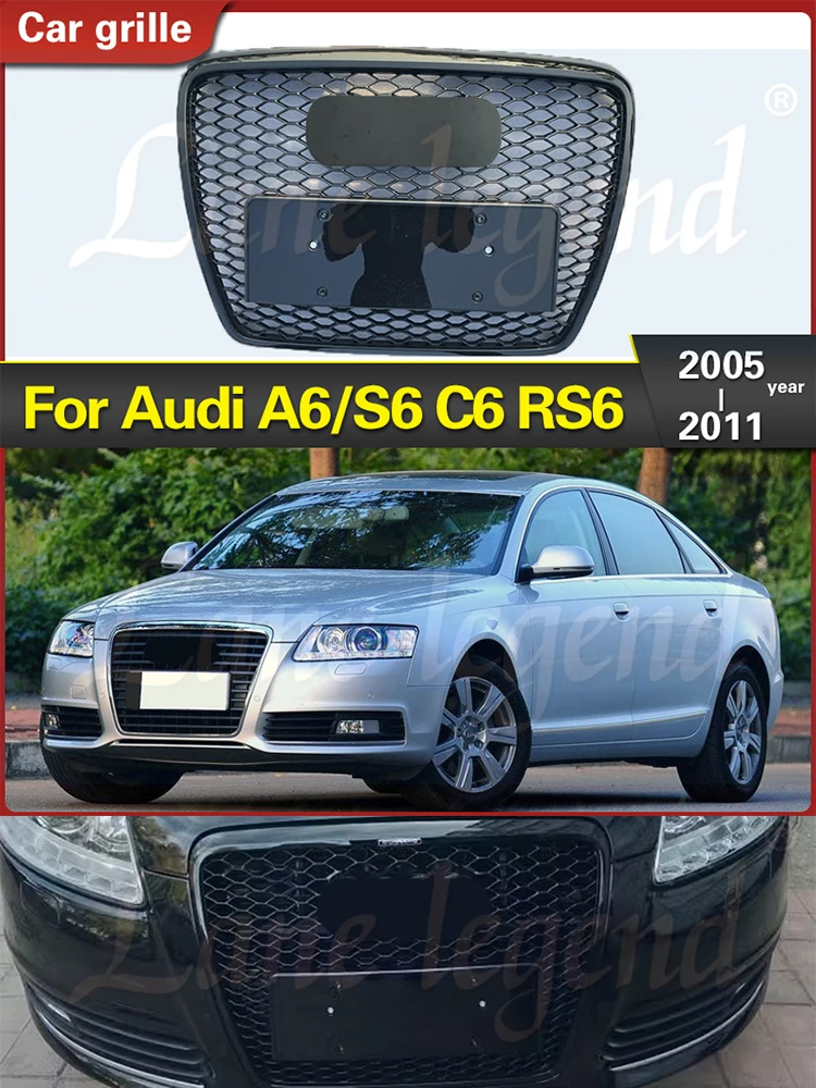 Voor Audi A6/S6 C6 2005 2006 2007 2008 2009 2010 2011 Voor RS6 Stijl Front Sport Hex Mesh honingraat Hood Grill Gloss Black Grills - afbeelding 2