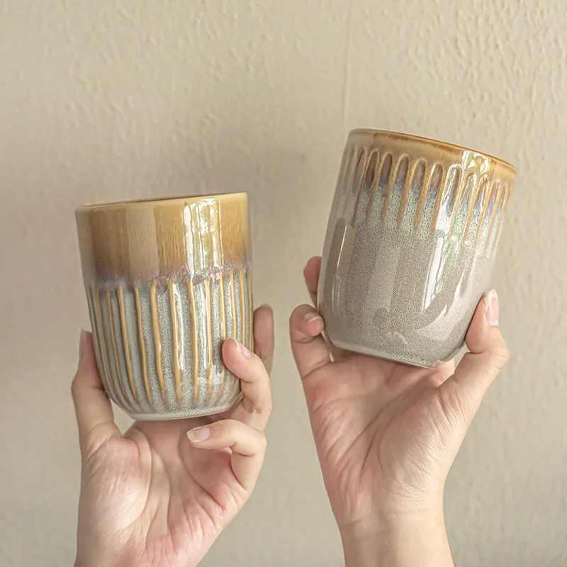 

Glaze Change Striped Handleless Ceramic Mug Creative Handheld Cup for Home Office Tea