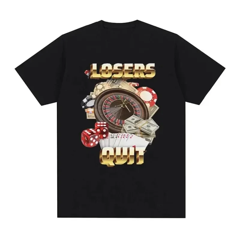 Vintage Losers Quit Gambling Meme Grafik bedrucktes T-Shirt für Damen, modisches Kurzarm-T-Shirt mit Rundhalsausschnitt, lässige Modekleidung