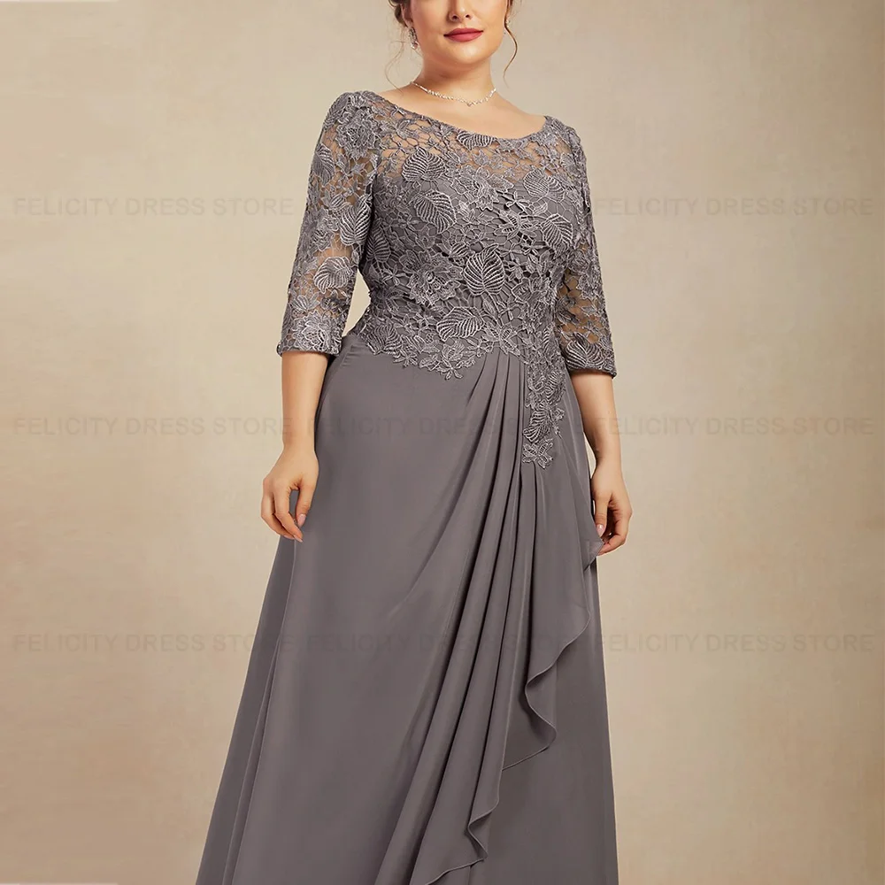 Plus Size Elegant Mother of the Bride Dresses 2023 A-line Scoop Chiffon Lace Ruffle Women Wedding Guest Dress فستان حفلات الزفاف