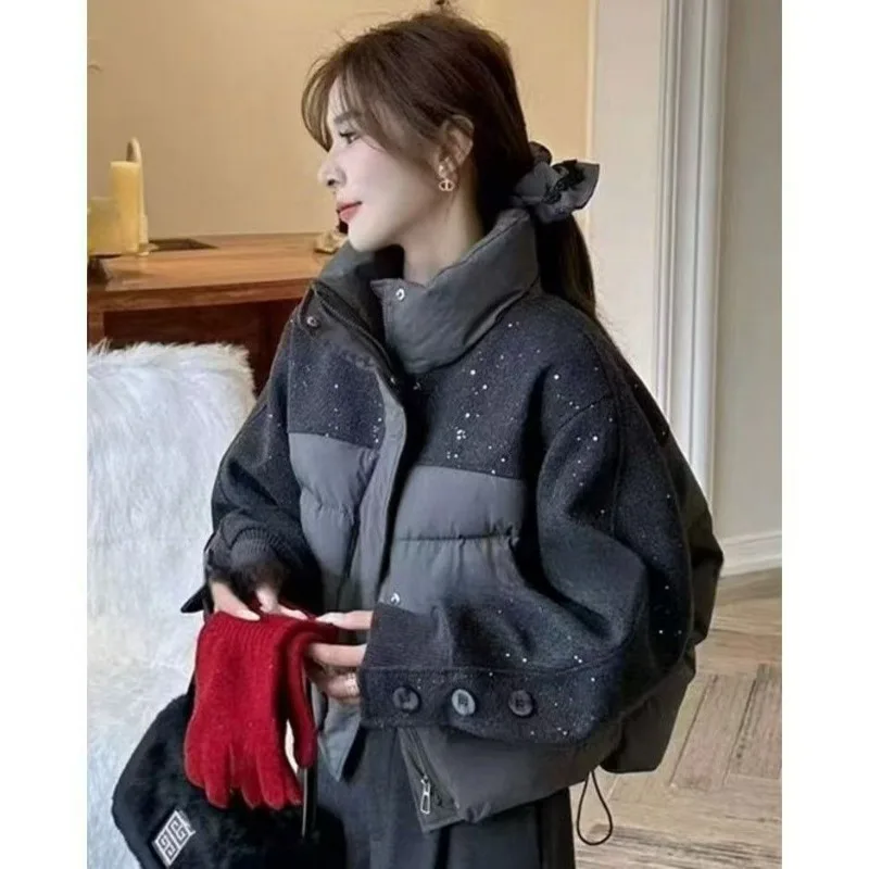 Design Sense Korean Shiny Sparkling Spliced Cotton Jacket Women Spliced Winter New Style Down Cotton Thick Warm Top Fashionable
