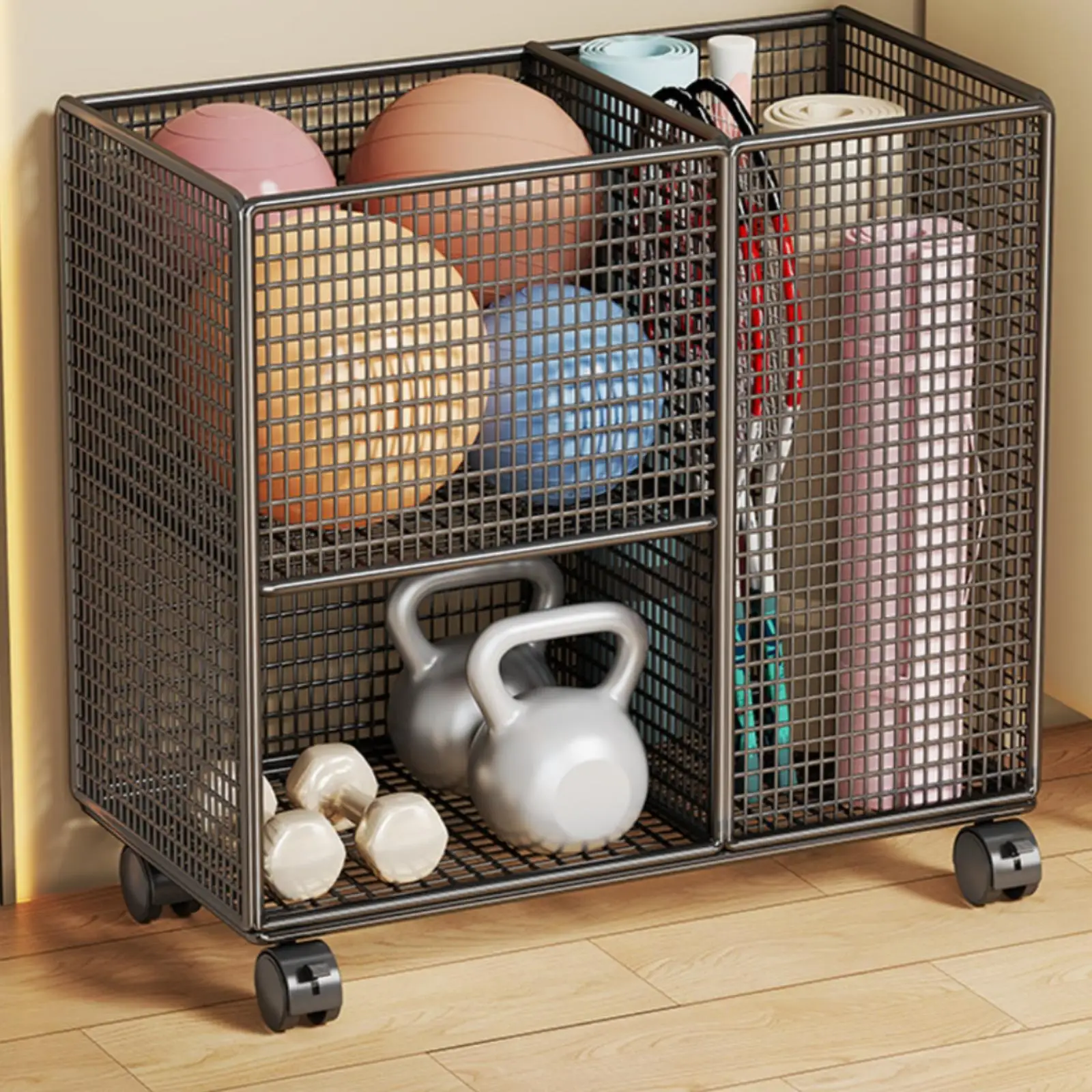 Fitness Storage Rack Two-Tier Mesh Storage Cart Caster Wheels Exercise Equipment Organizer for Home Gym