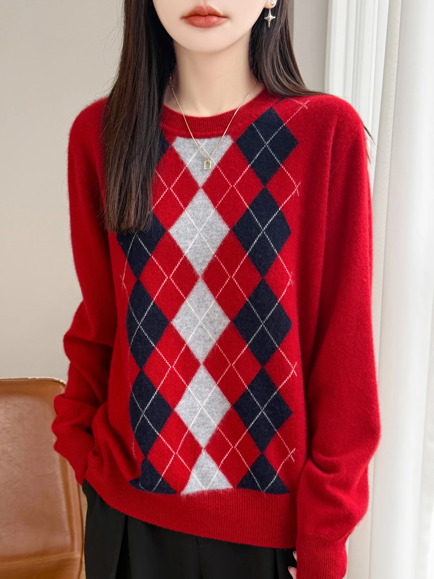 

New Fashion Women 100% Merino Wool Sweater Autumn Winter Knitwear Argyle Pullover Lady Blouse Long Sleeve Clothes Cashmere Tops