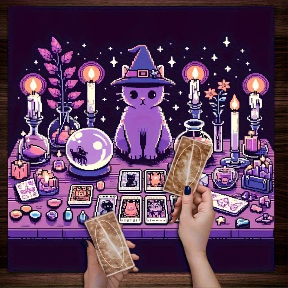 1PC Enchanting Witchcraft Tarot Altar Cloth Multiple Sizes Mystic Purple Polyester with Candle Crystal Celestial Symbol Wheel