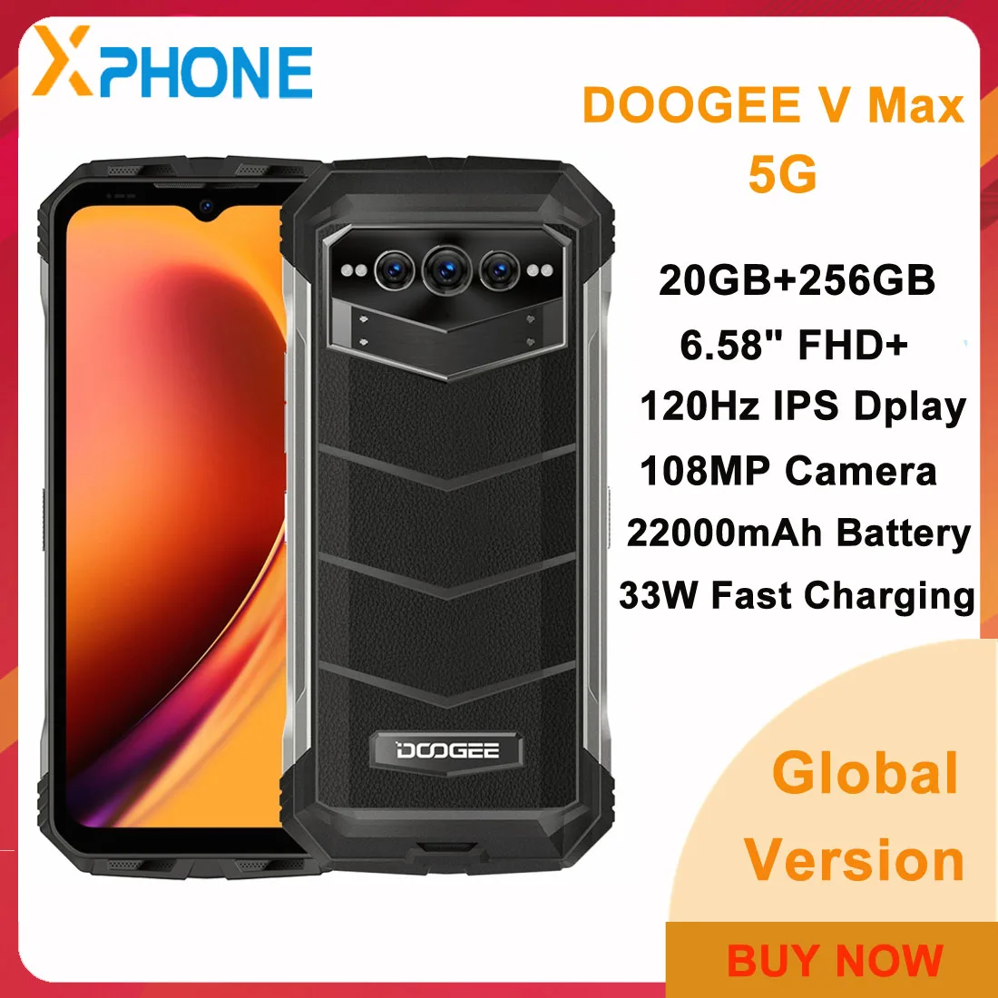 DOOGEE V Max 5G Rugged Phone 20GB+256GB 108MP Camera Night Vision 22000mAh Battery Cellphone Dimensity 1080 NFC OTG Smartphone