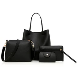 4 Piece Set Large Capacity Leather Handbag Pure Colour Lychee Texture Shoulder Bag Bucket Bag Wallet Handbag