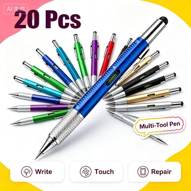 20Pcs 6-in-1 Plastic Multifunctional Tool Pen,Touch Screen Stylus, Built-in Ruler, Bubble Level, Flat & Cross Screwdriver