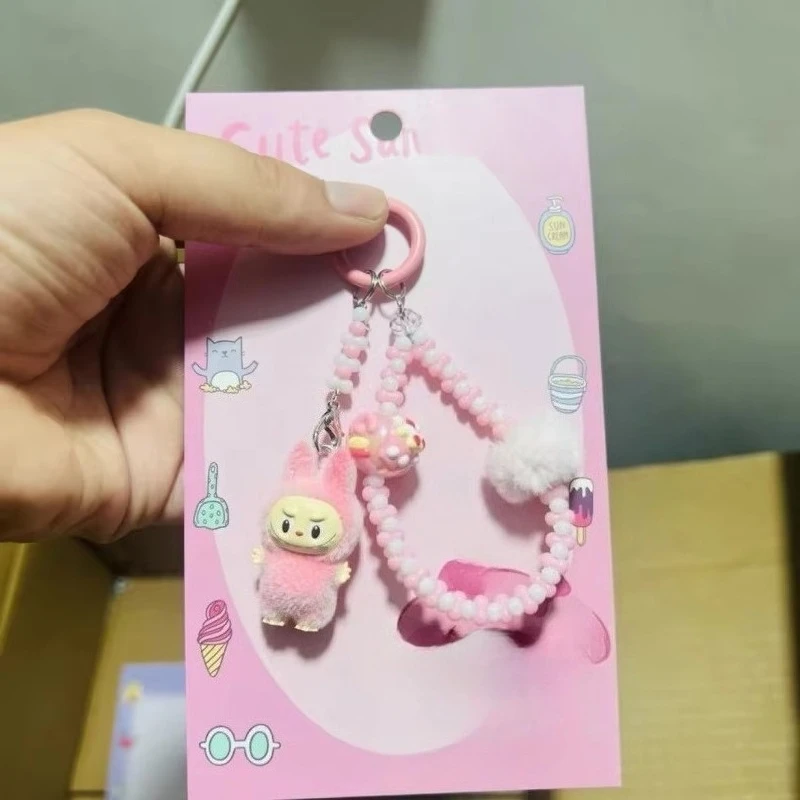 

Kawaii Mini Flocking Labubu Mobile Phone Chain Backpack Pendant Inspearl Beaded Bracelet Accessories Decoration Keychain Gifts