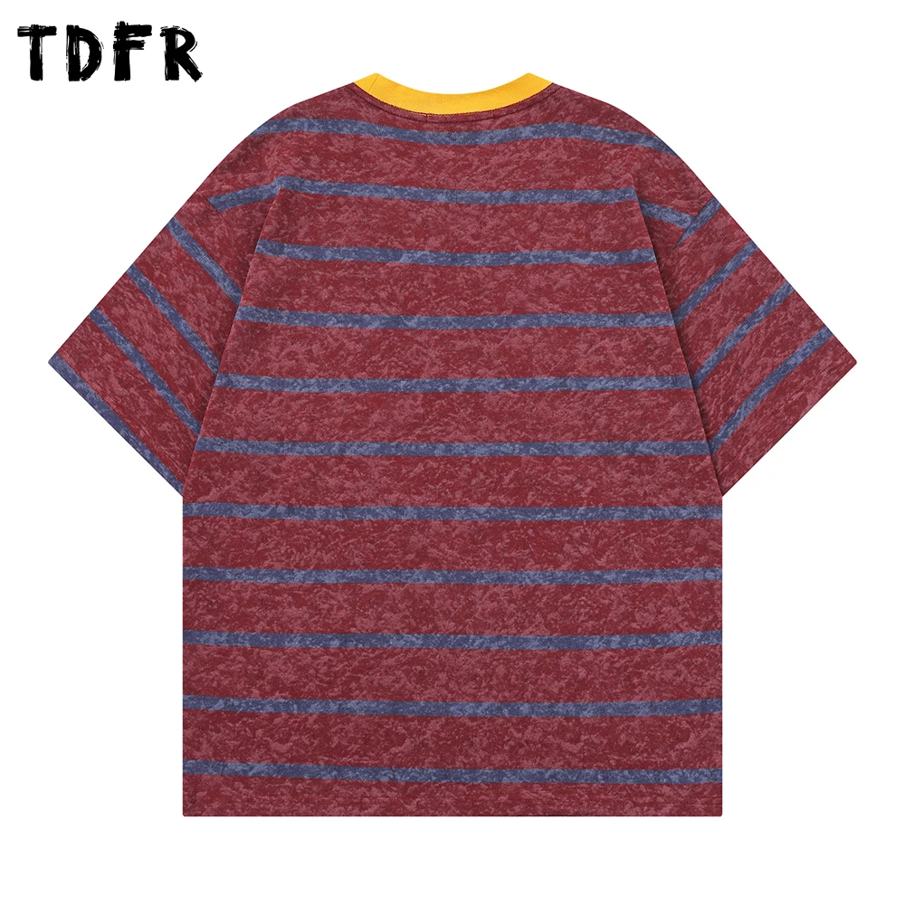 Horizontal Striped Short Sleeve T-shirt Mens Letter Print Summer Retro Casual Loose Spliced Crew Neck Half-Sleeve Tshirt Man Tee