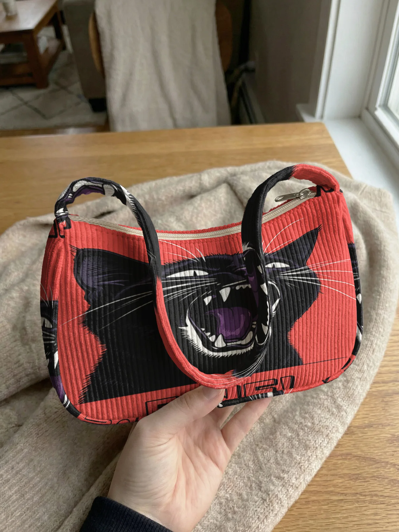 Trendy Angry Black Cat Print Shoulder Bag, Corduroy Underarm Bag for Daily Casual Use