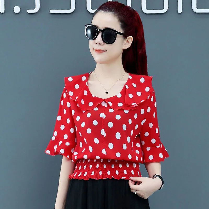 Elegante Ruffles emendado Shirring Polka Dot Blusa Roupas Femininas 2023 Verão Novo Casual Pullovers Coreano Flare Manga Camisa