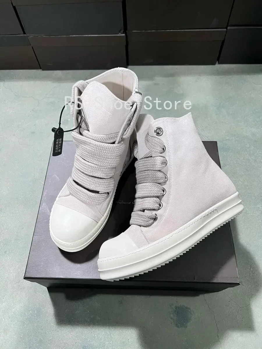 

Ro Men Shoe Beige Suede Boots Outdoor High Top Casual Shoes Design Women Sneaker Jumbo Laces Zipper Cowhide Ankle Boot