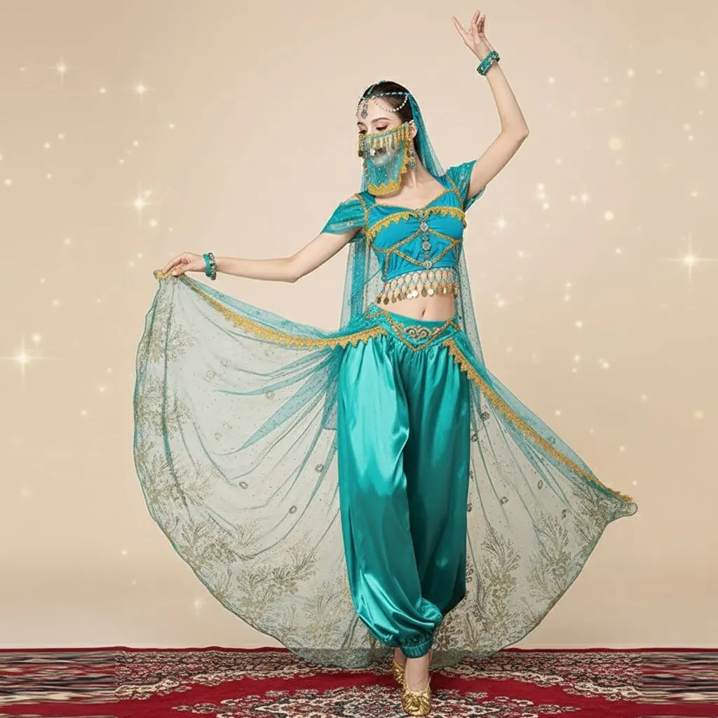 طقم زي الأميرة العربية للسيدات من الياسمين التنكري للرقص الشرقي سروال حريم مع حجاب للوجه لجميع القديسين #2